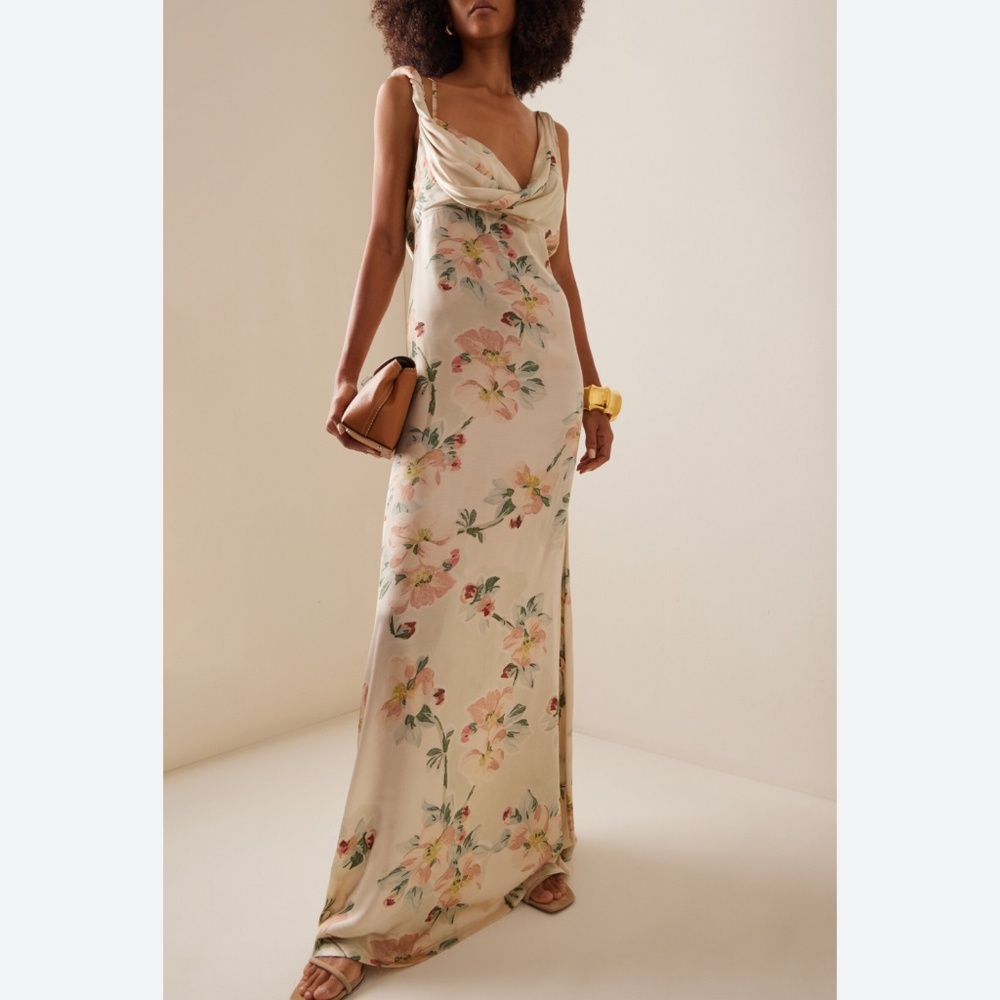 Totême Draped Floral Crepe Maxi Dress yellow
